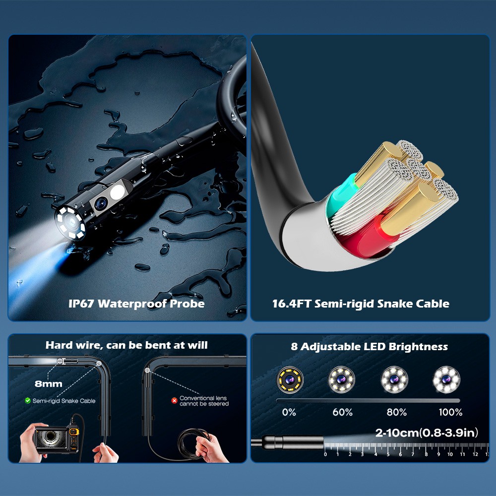 IP67 Rated Dual Lens 5M Camera Built LCD Screen Pipe Drain Inspection Scope