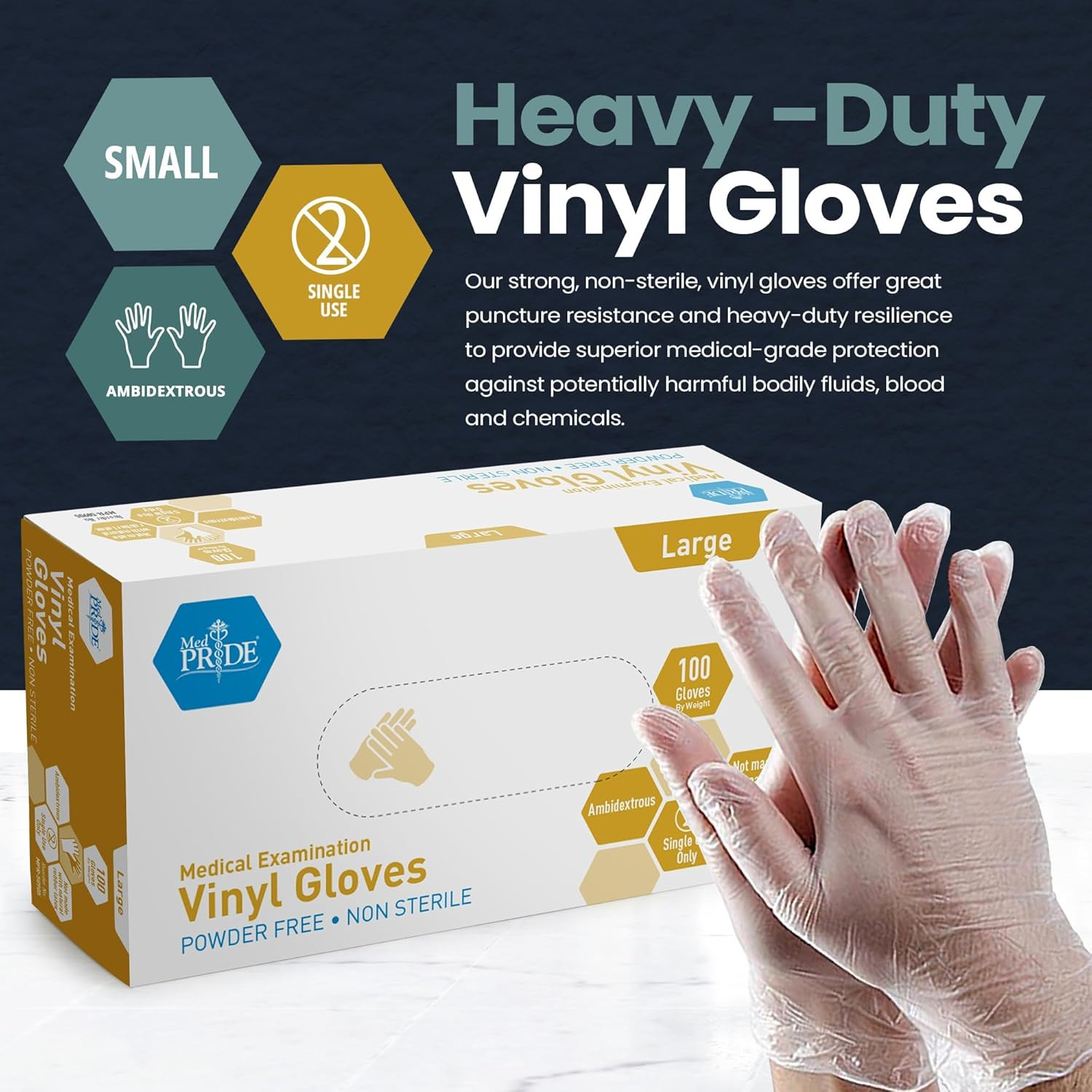MED PRIDE Medical Vinyl Examination Gloves (Large, 100-Count) Latex & Rubber Fre