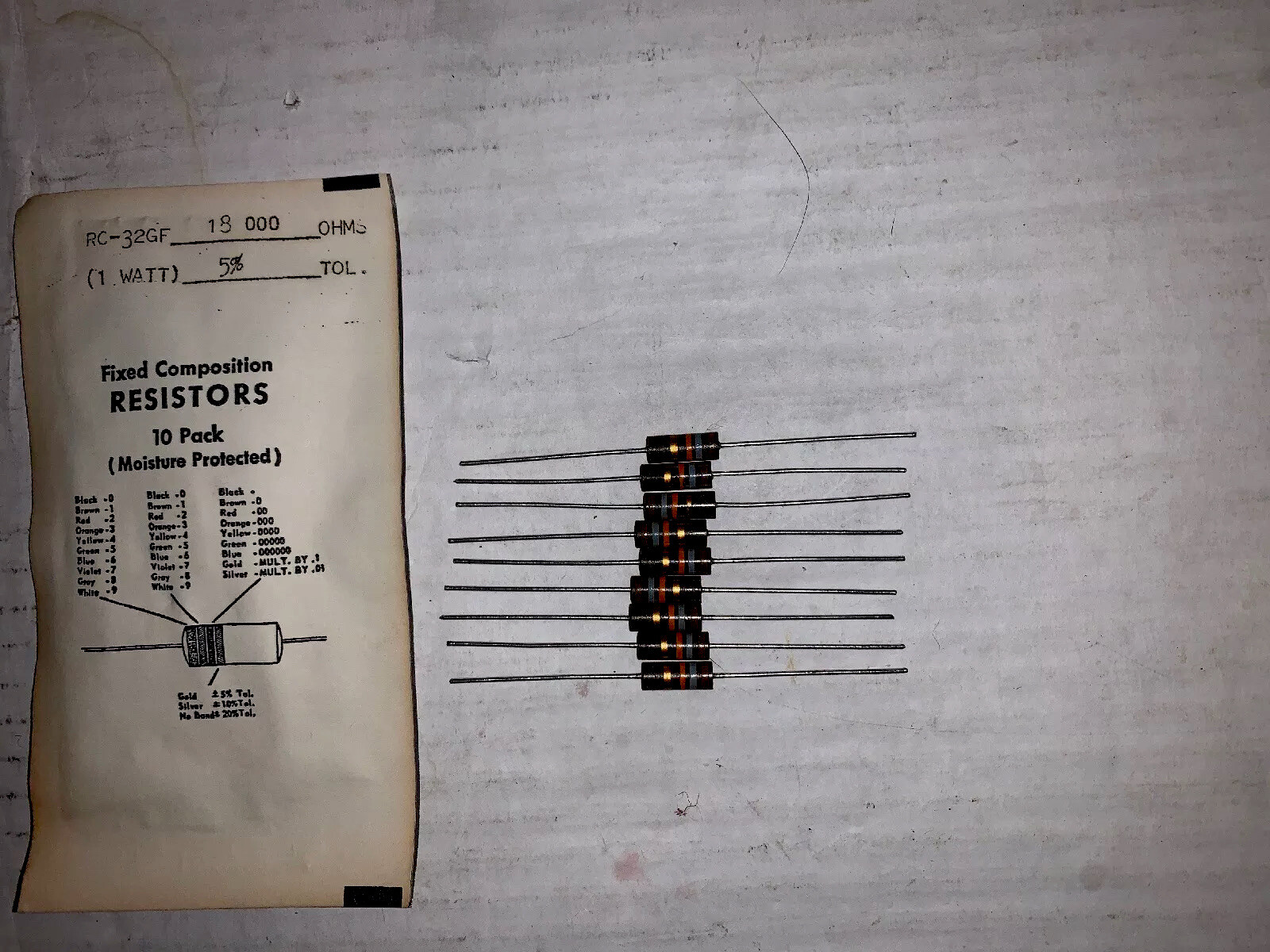 10 Lot Of Vintage RC-32GF Carbon Composition Resistors 18,000 Ohm 1 watt New