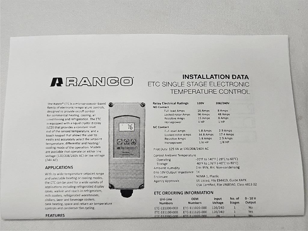 Ranco ETC-111000-000 Electronic Temperature Control Pre-Wired Piggy-Back Cord