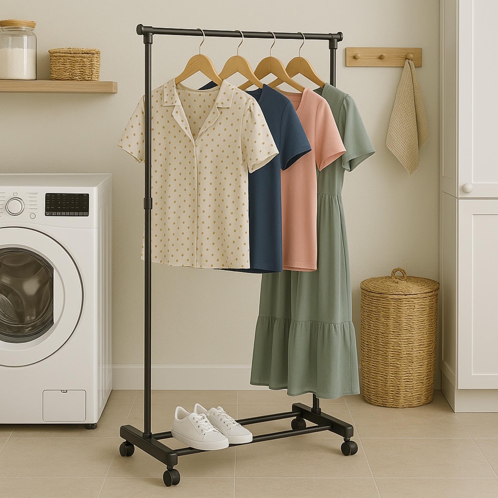 Honey-Can-Do Adjustable Height Rolling Metal Clothes Rack 30 lbs, Chrome