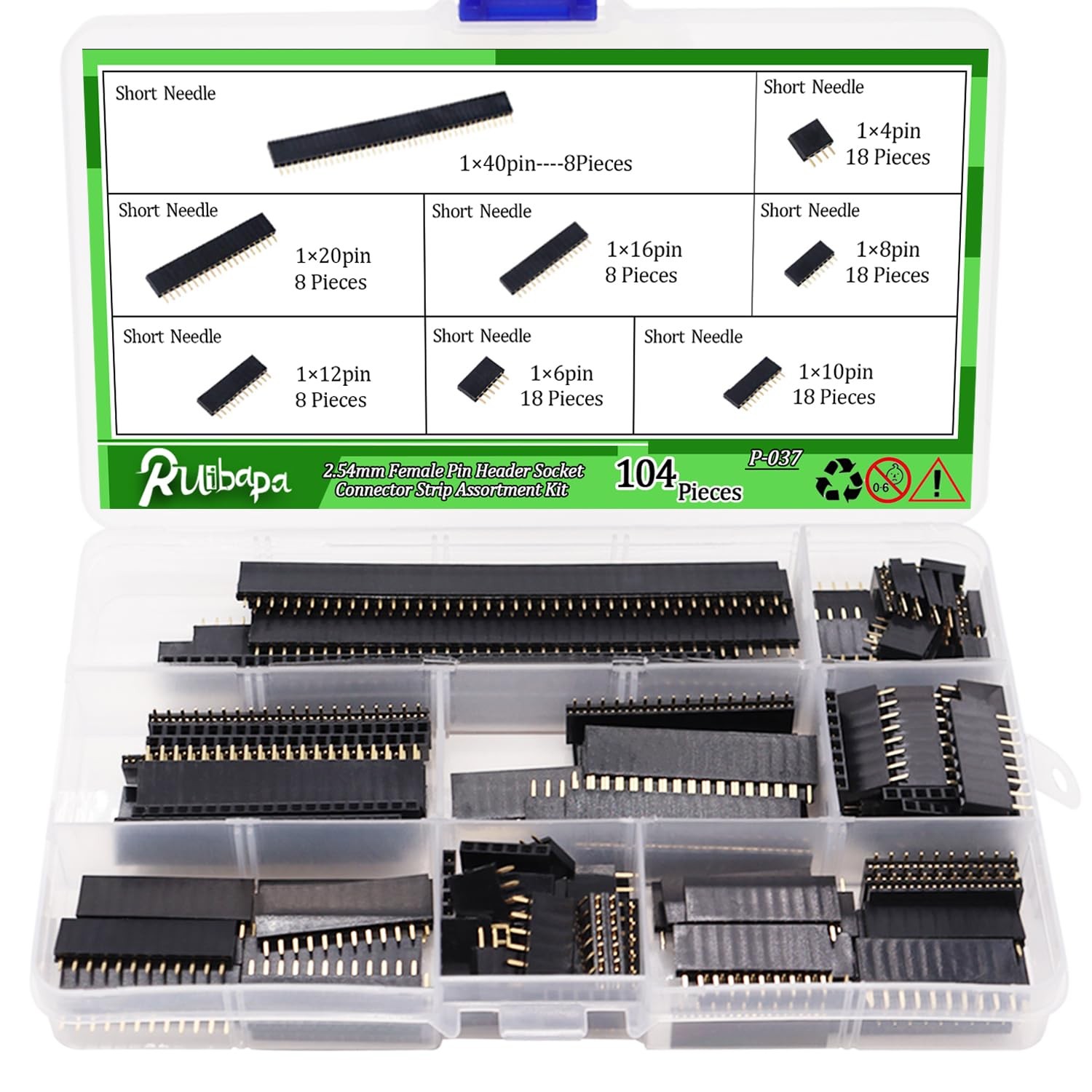 104 PCS 2.54mm 2.54mm Male and Female Pin Header Connector Assortment Kit Inc…