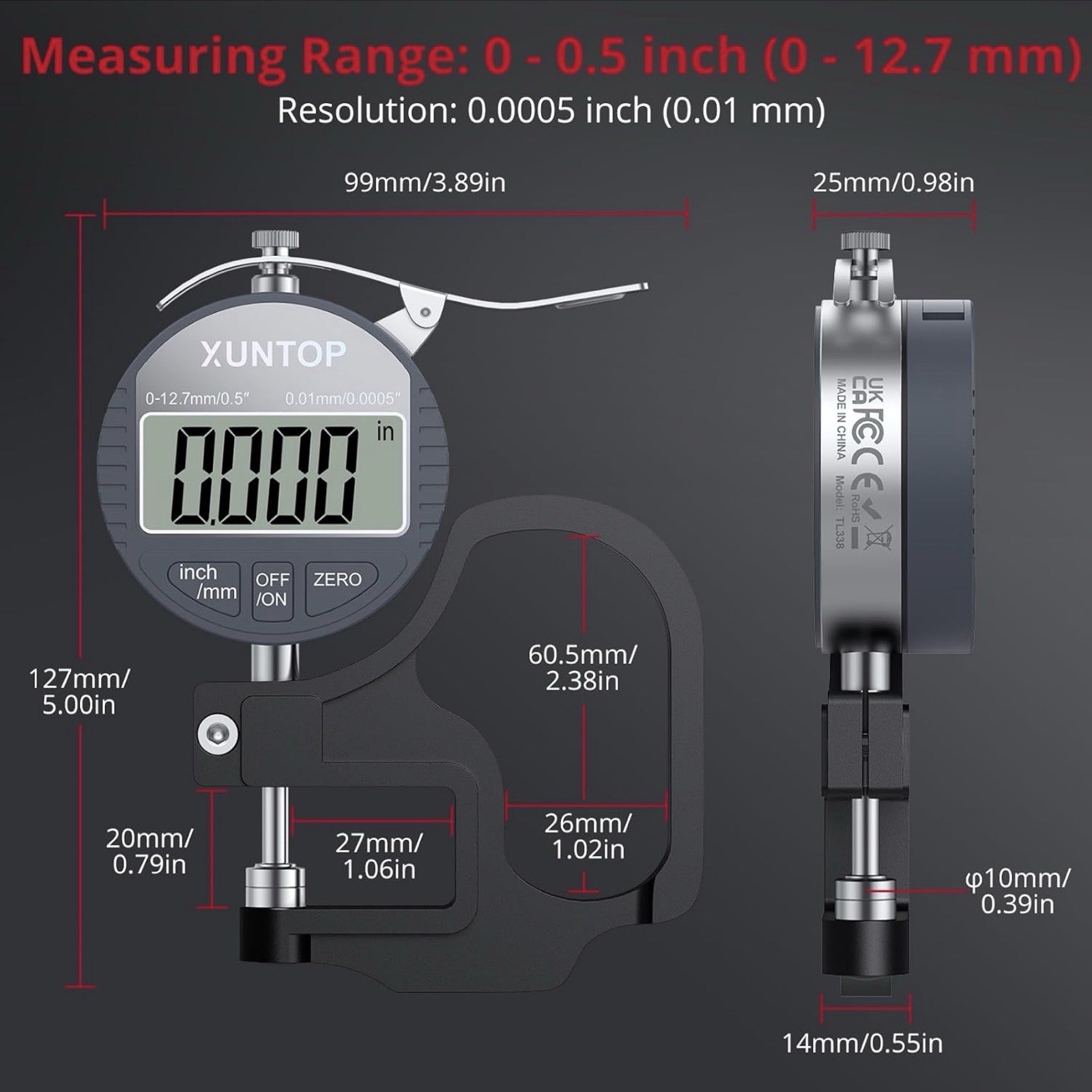 Digital Thickness Gauge 0.5inch 12.7mm LCD Display Unit Conversion