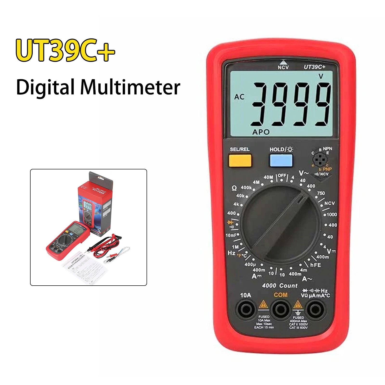 UT39C+ Digital Multimeter Auto Range LCD Backlight Data Hold Multimetro Tester