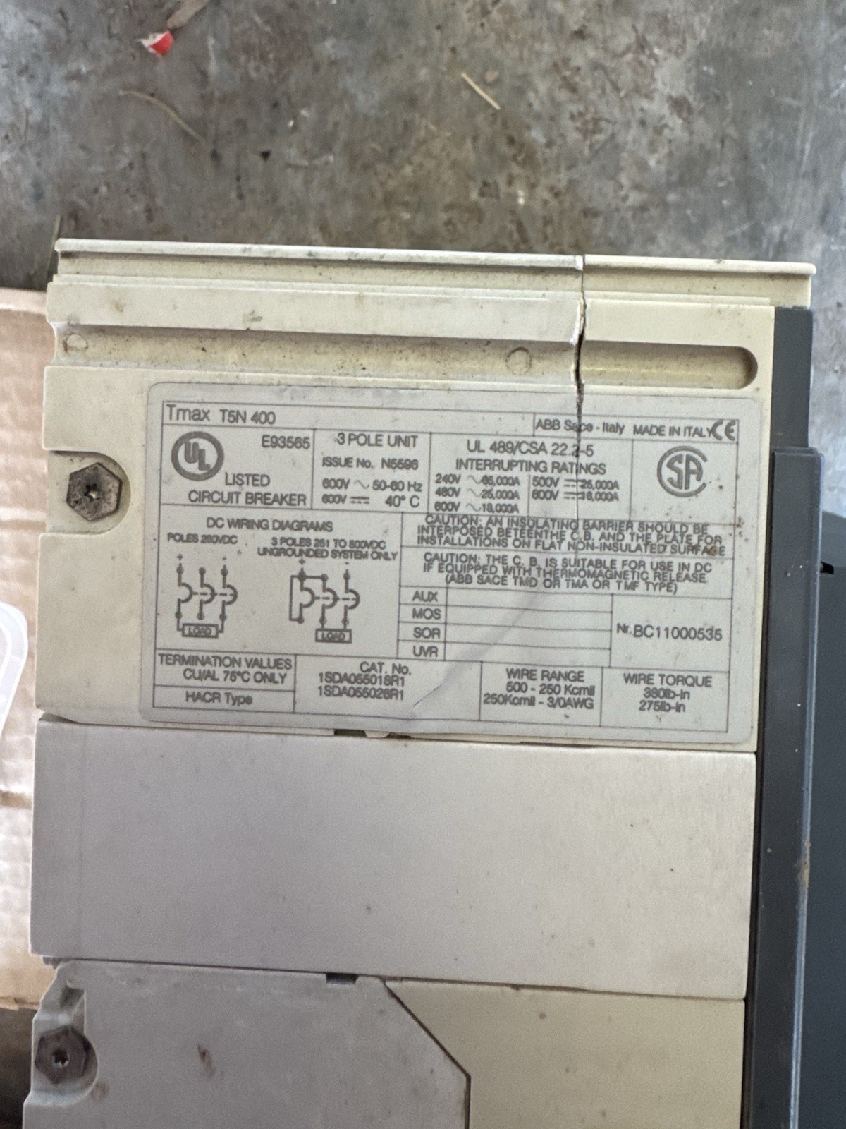 ABB Tmax T5N 400 400A 3-Pole Circuit Breaker 600V Panel Mount Thermal