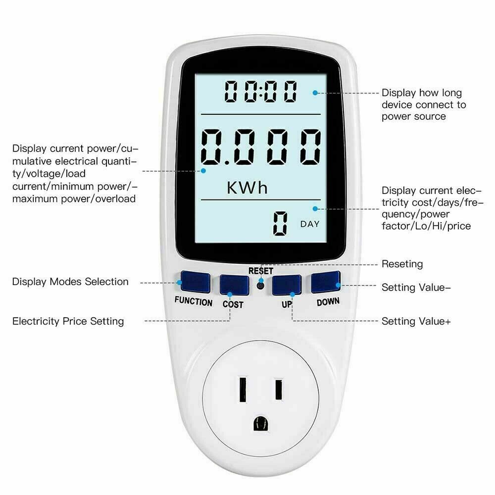 LCD Power Meter Consumption Energy Analyzer Watt Amps Volt Electricity Monitor