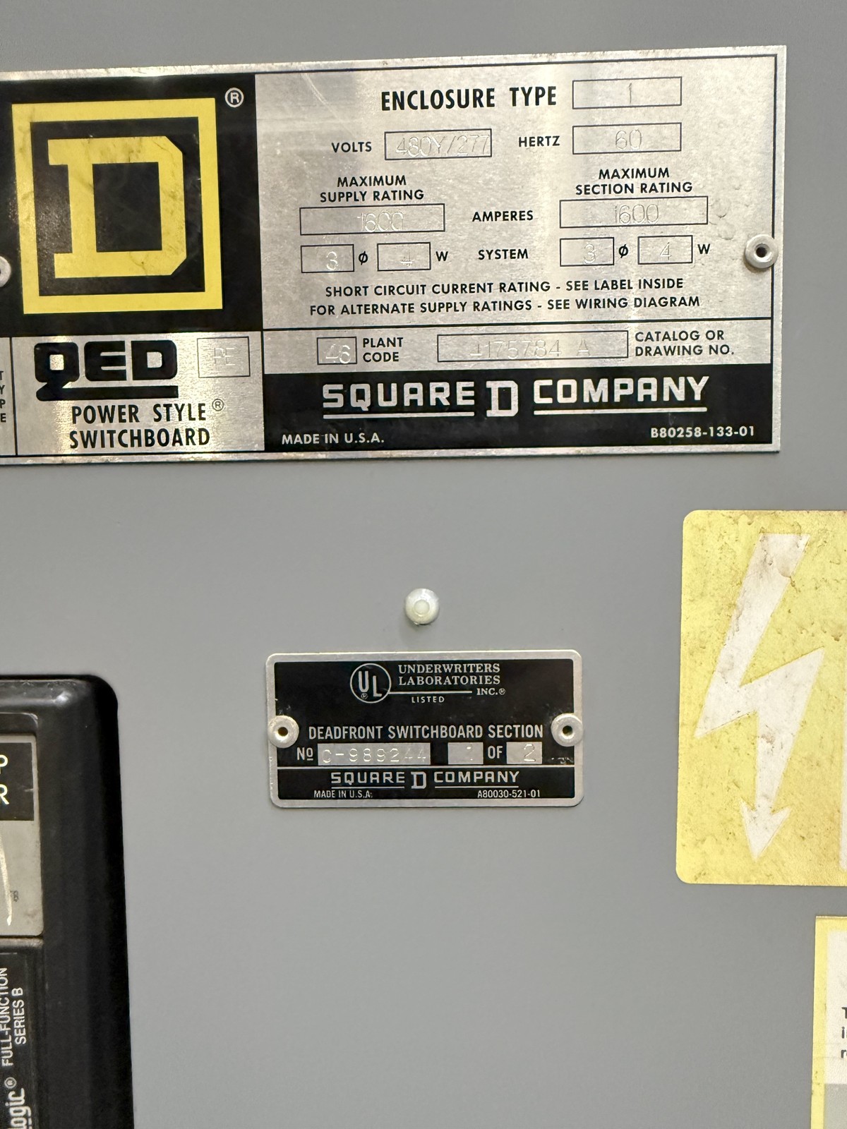 Square D QED 1600 Amp Switchboard 480/277V 4 Wire Distribution Panel & Breakers