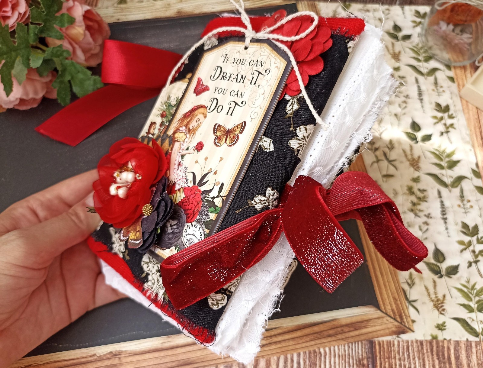 Junk journal handmade Alice in Wonderland Adventure notebook 6×5 in 200 pgs