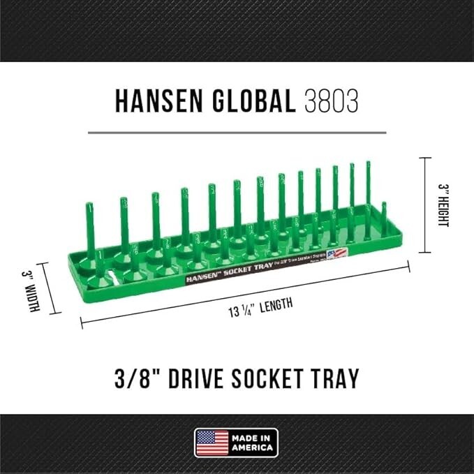 Hansen 6pc Socket Organizer Tray Rack Holder Metric SAE 1/4″ 3/8″ 1/2″ Green