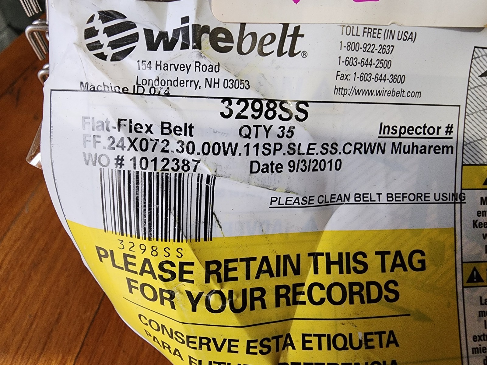 WireBelt FF,24X072,30.00W,11SP,SLE SS Flat Flex 30″ X 35′ Conveyor Belt 2398SS