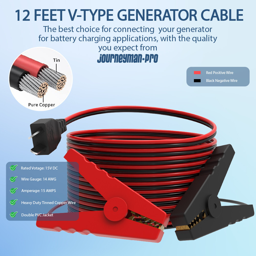 12V DC Battery Generator Charging Cable V-Type 15A 12ft, Fits Predator, Champion