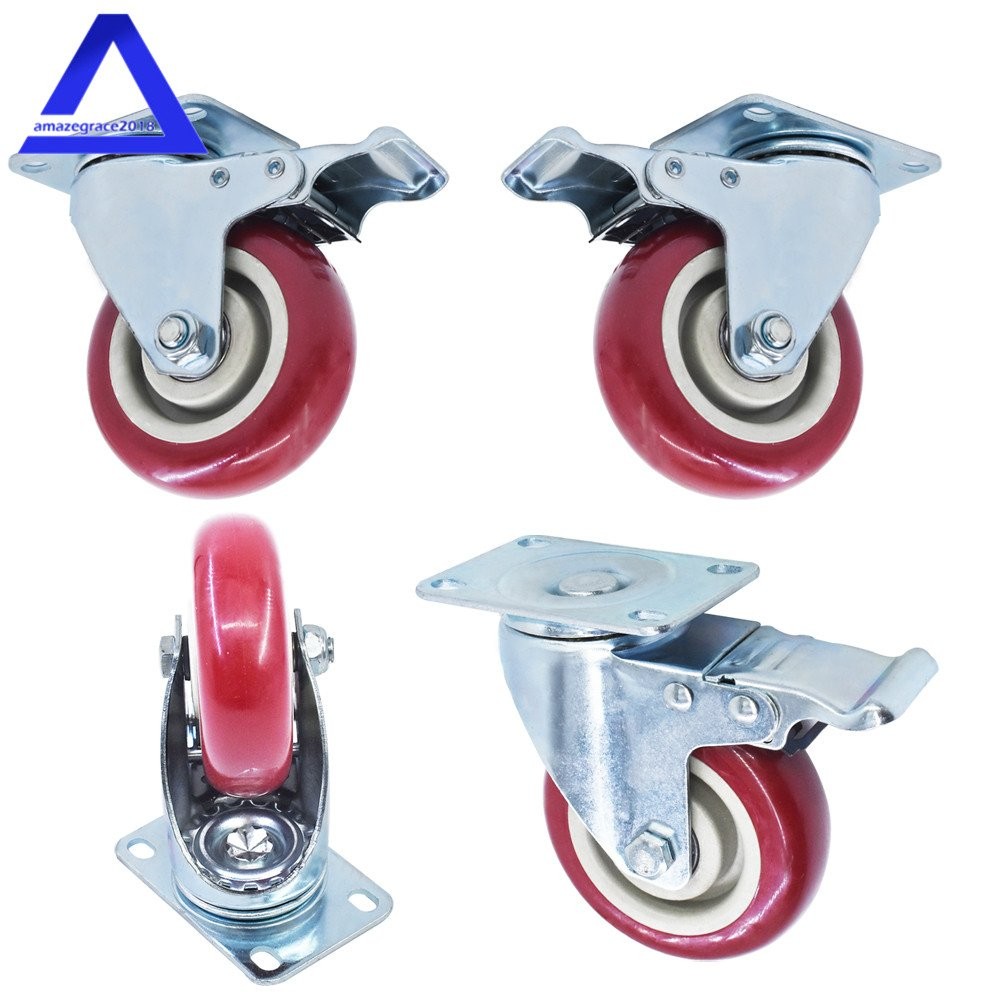 4 Pack 4″ Caster Wheels Swivel Plate Total Lock Brake Red Polyurethane PU