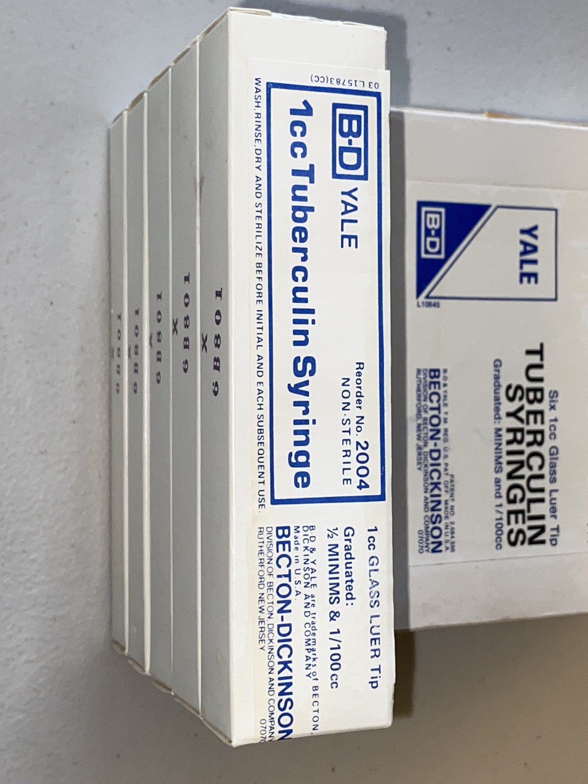 (6) Becton-Dickinson Yale 1cc glass Luer tip tuberculin syringes