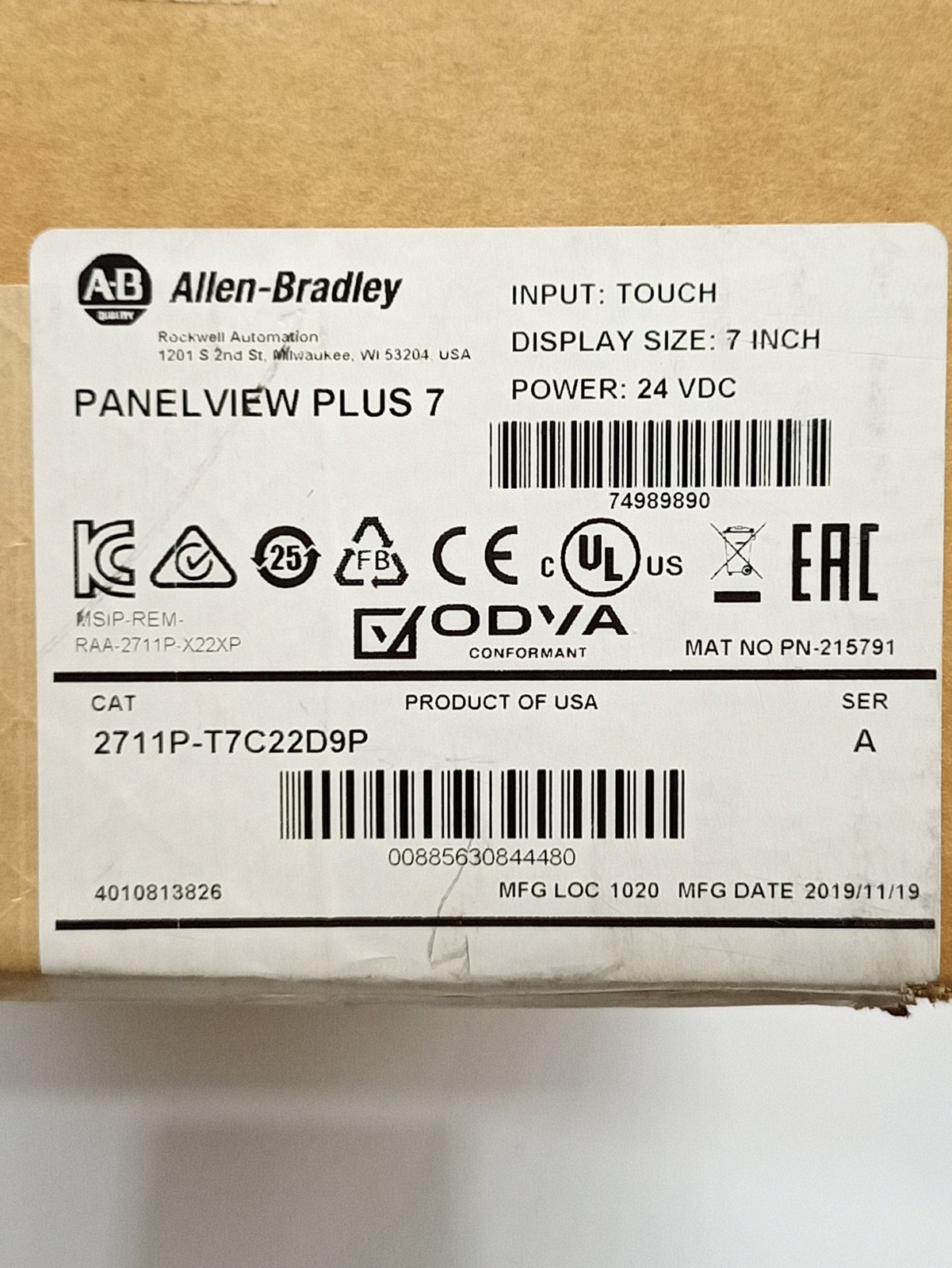 Allen-Bradley 2711P-T7C22D9P SER.A PanelView Plus 7 Operator Interface Panel