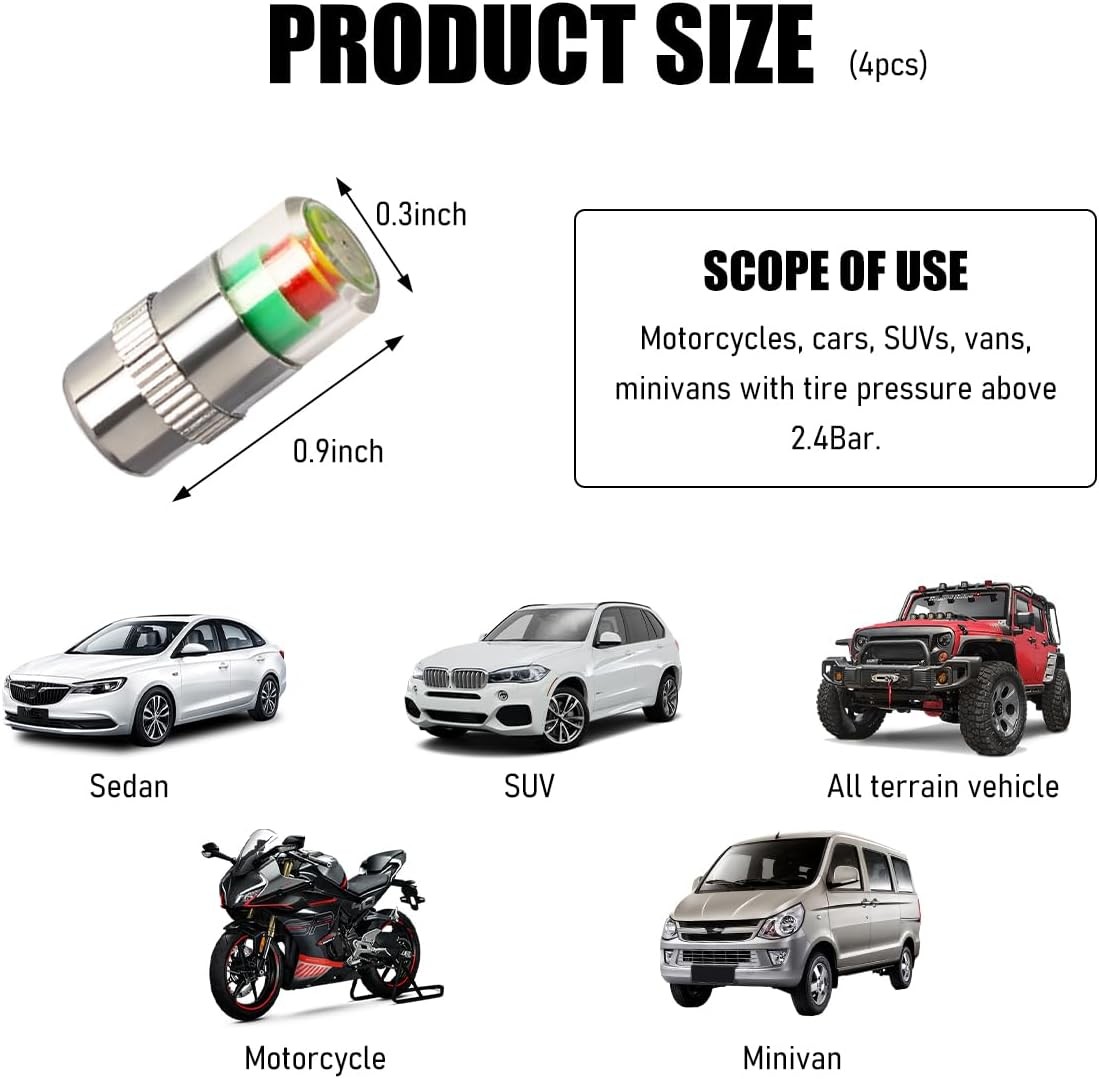 4 PCS Tire Pressure Monitor Valve Stem Caps, 2.4Bar 36PSI Car Tire Pressure Moni