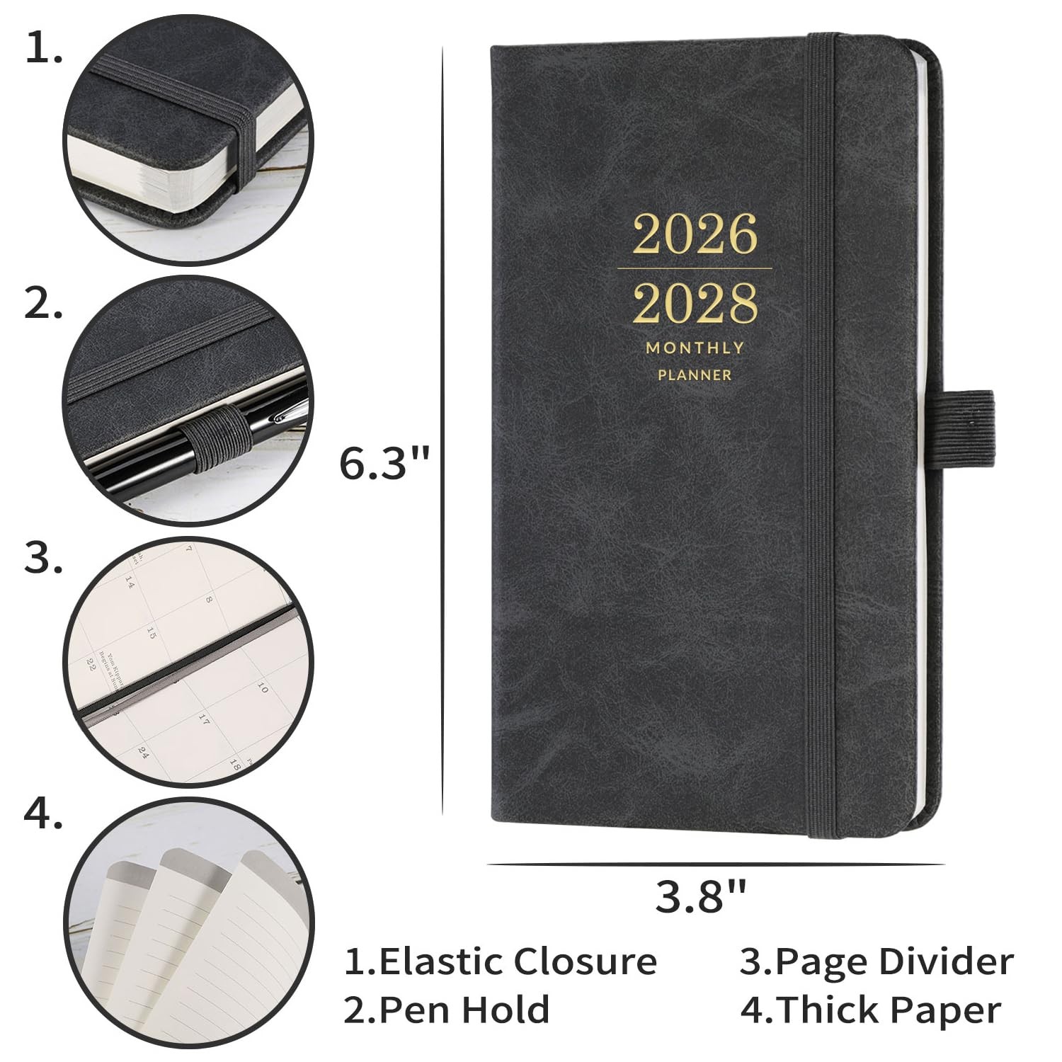 3 Year Pocket Calendar 2026-2028 Monthly Planner for Purse w/ Leather Hard Cover