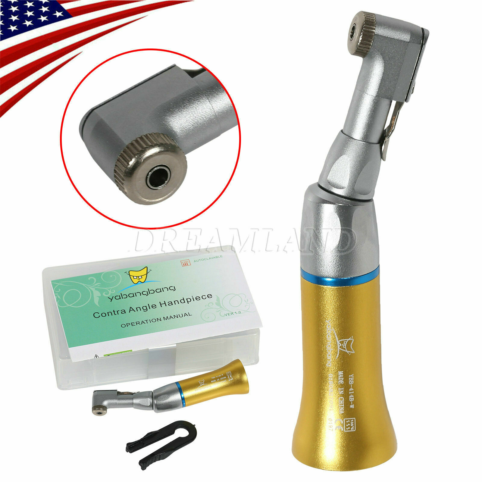 NSK Style Dental Slow Low Speed Contra Angle Straight Air Motor 4 Hole Golden