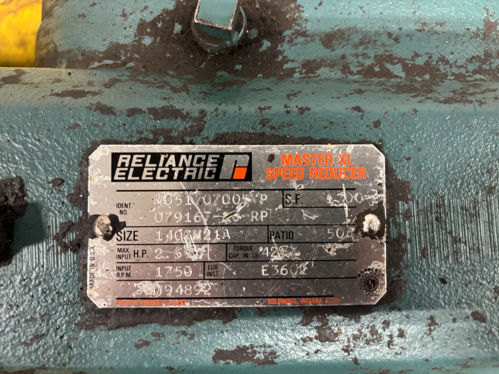 Reliance electric M94892 Size 140GM21A 50 Ratio 2.69Hp 1750in Rpm Motor Specs
