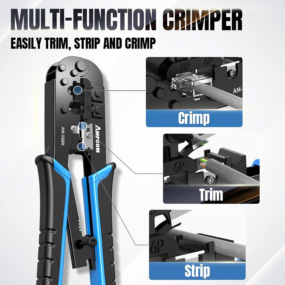 RJ45 Crimping Tool, 8P/6P-RJ11, RJ12 Crimper Cutter Stripper AM-568R