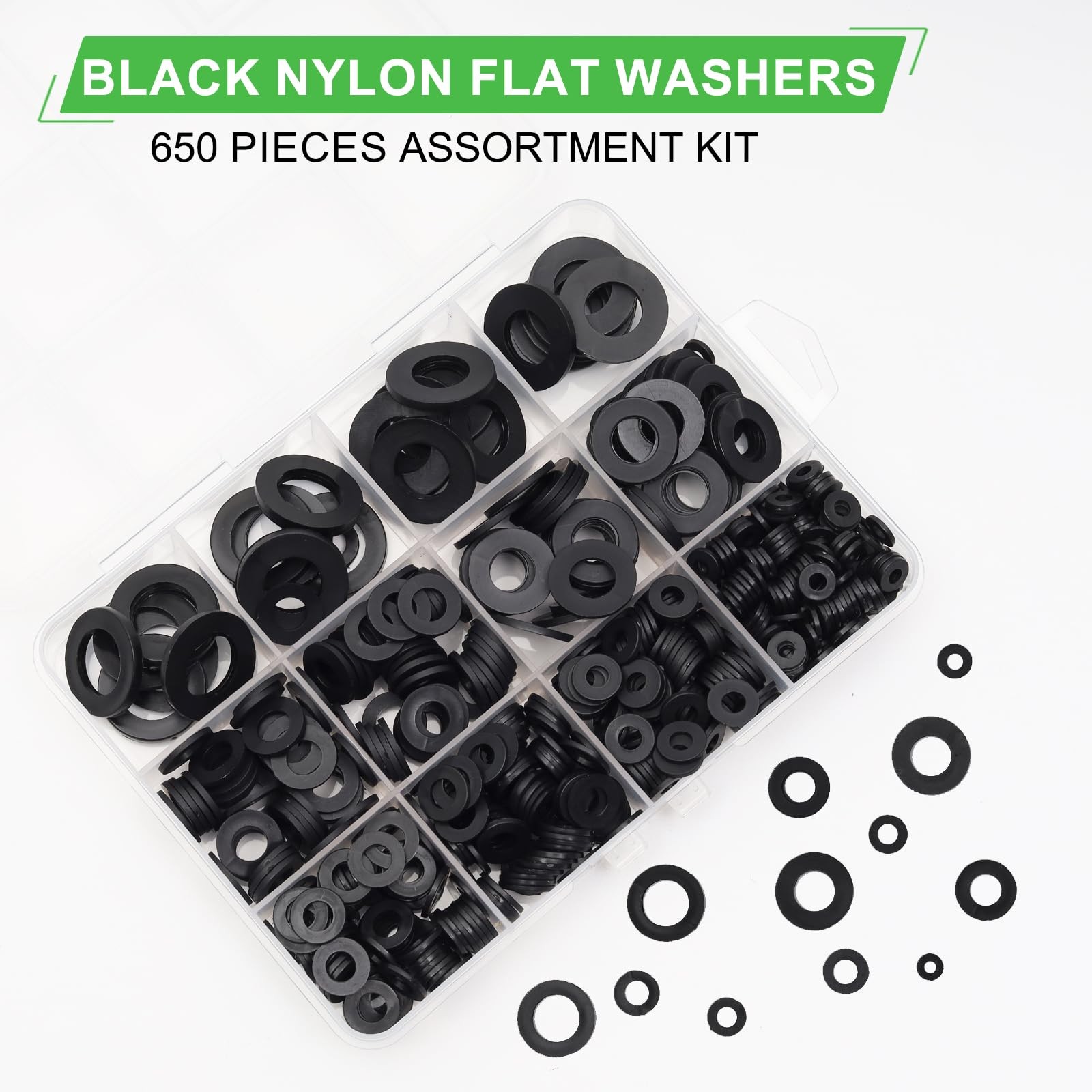650-Pieces Nylon Flat Washer M3, M4, M5, M6, M8, M10, M12 millimeters, Black