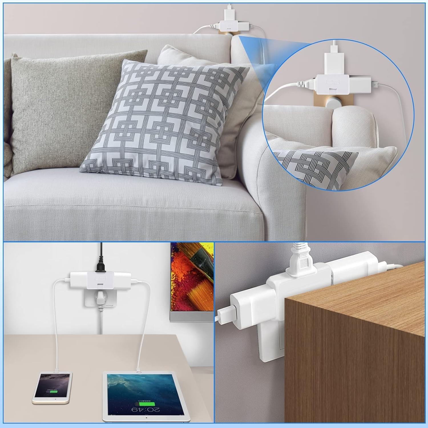 3 Pack AC Flat Wall Outlet Extender Plug Adapter Outlet, 3 Piece, White