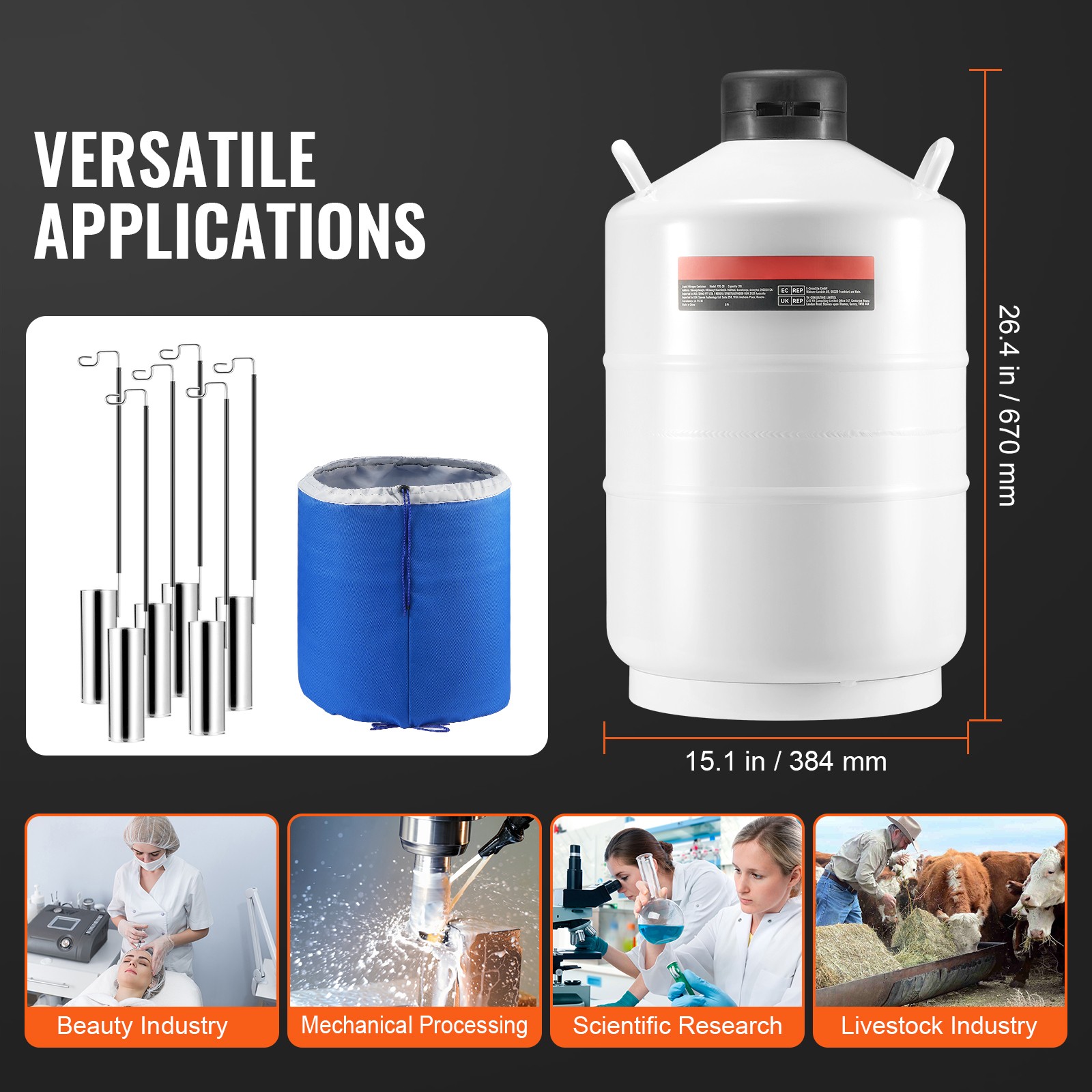 VEVOR Liquid Nitrogen Tank 20 L Aluminum Alloy LN2 Container Dewar 6 Canisters