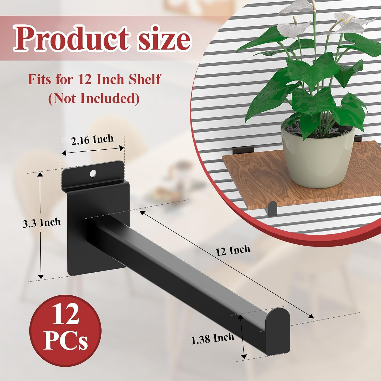 12 Inch Black Slatwall Shelf Bracket, 12 Pcs Metal Slat Wall Shelves Accessories