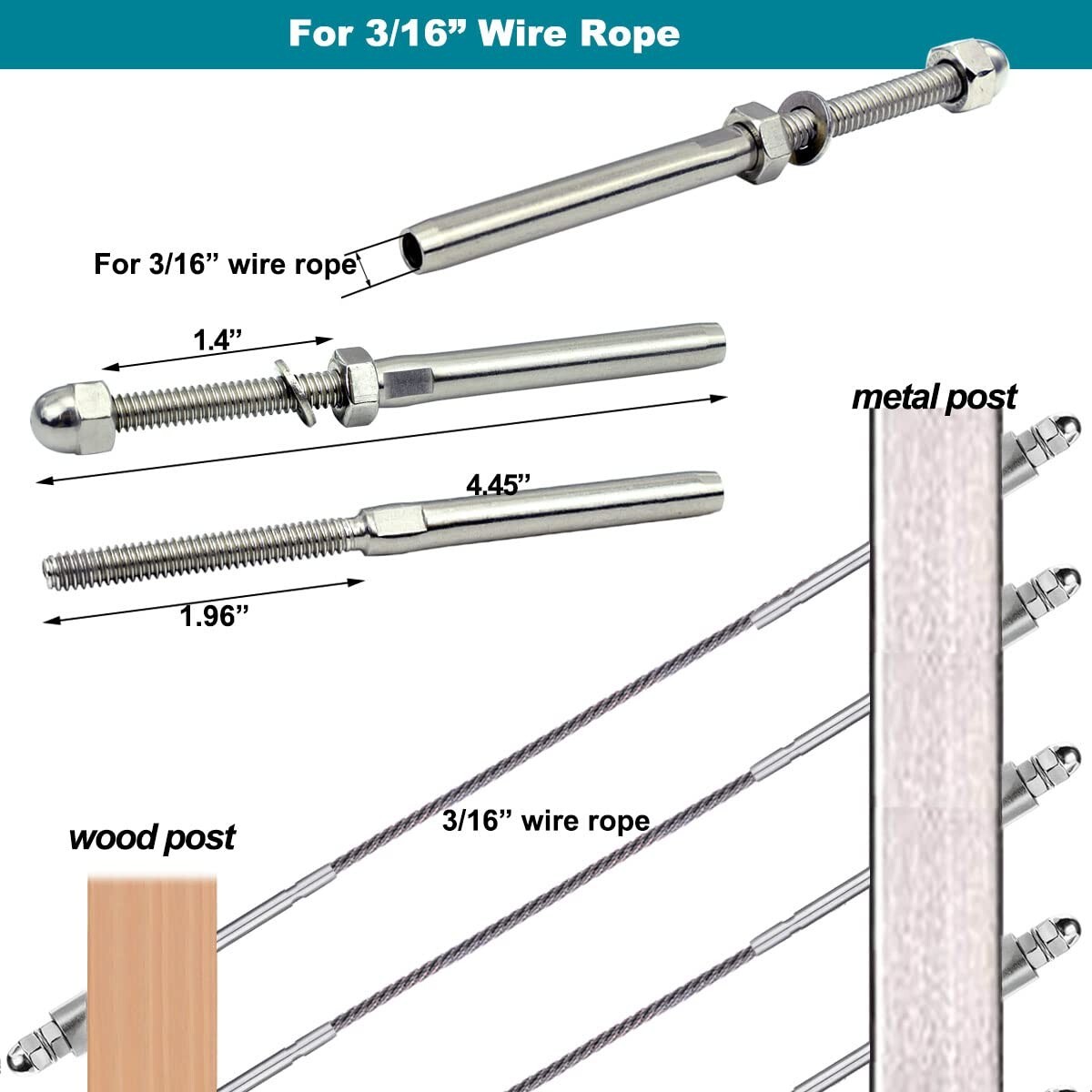100 x T316 Stainless Steel Hand Swage Tensioner for 3/16» Cable Railing Systems