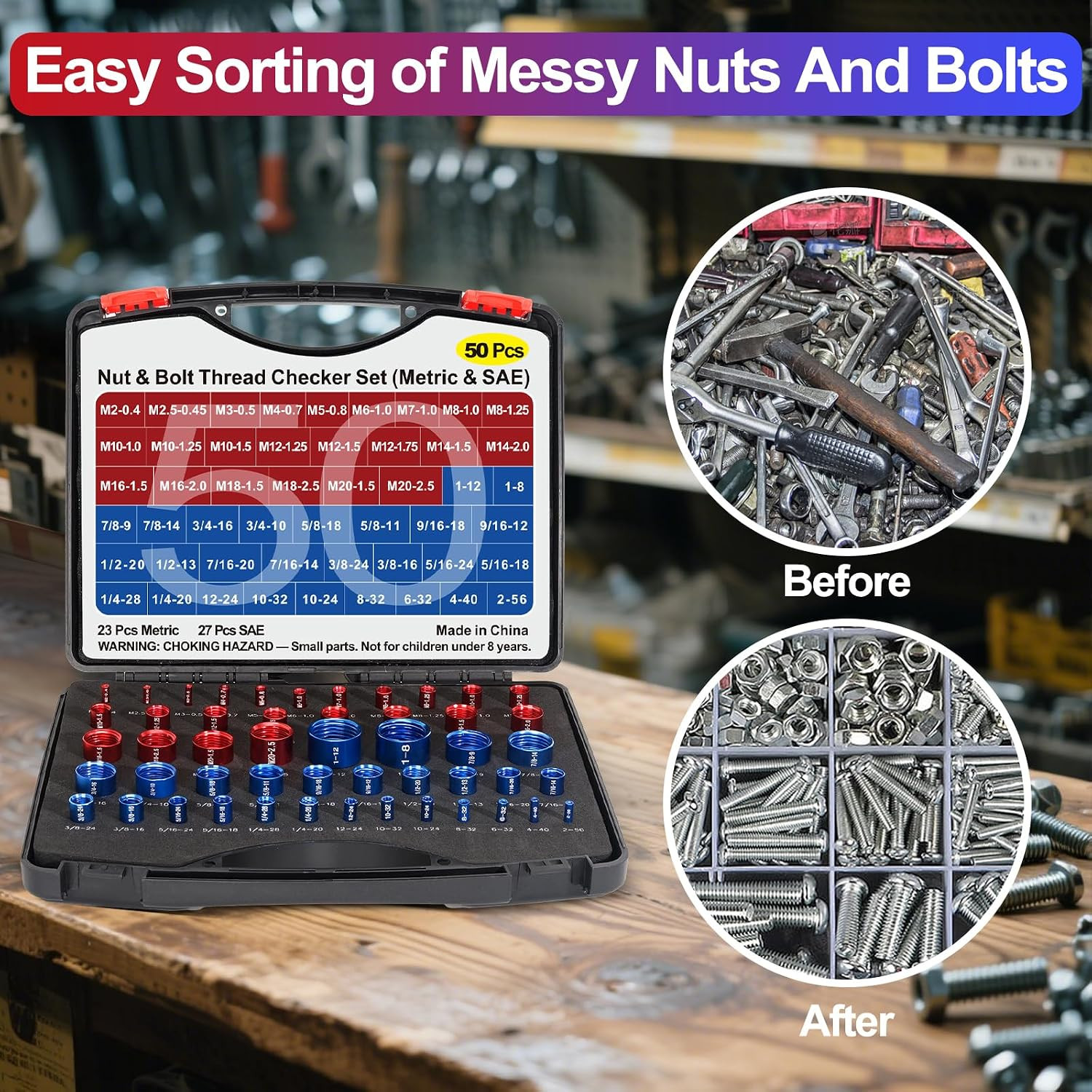 50 Pcs Thread Checker Bolt Size Finder Nut Gauge Set 23 Metric 27 SAE Box