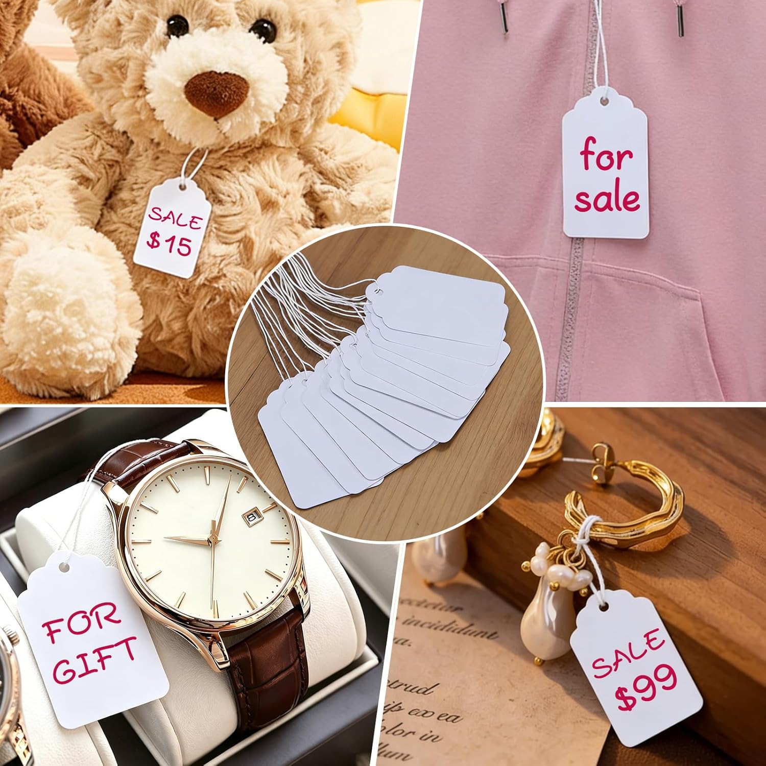 1000 PCS White Price Tags with String – 1.75 X 1.1 Inch Heavy Duty 250 GSM