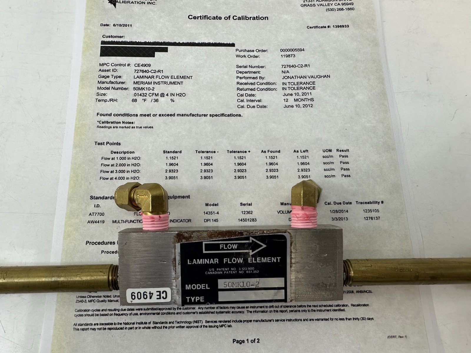 Meriam 50MK10-2 Laminar Flow Element LFE