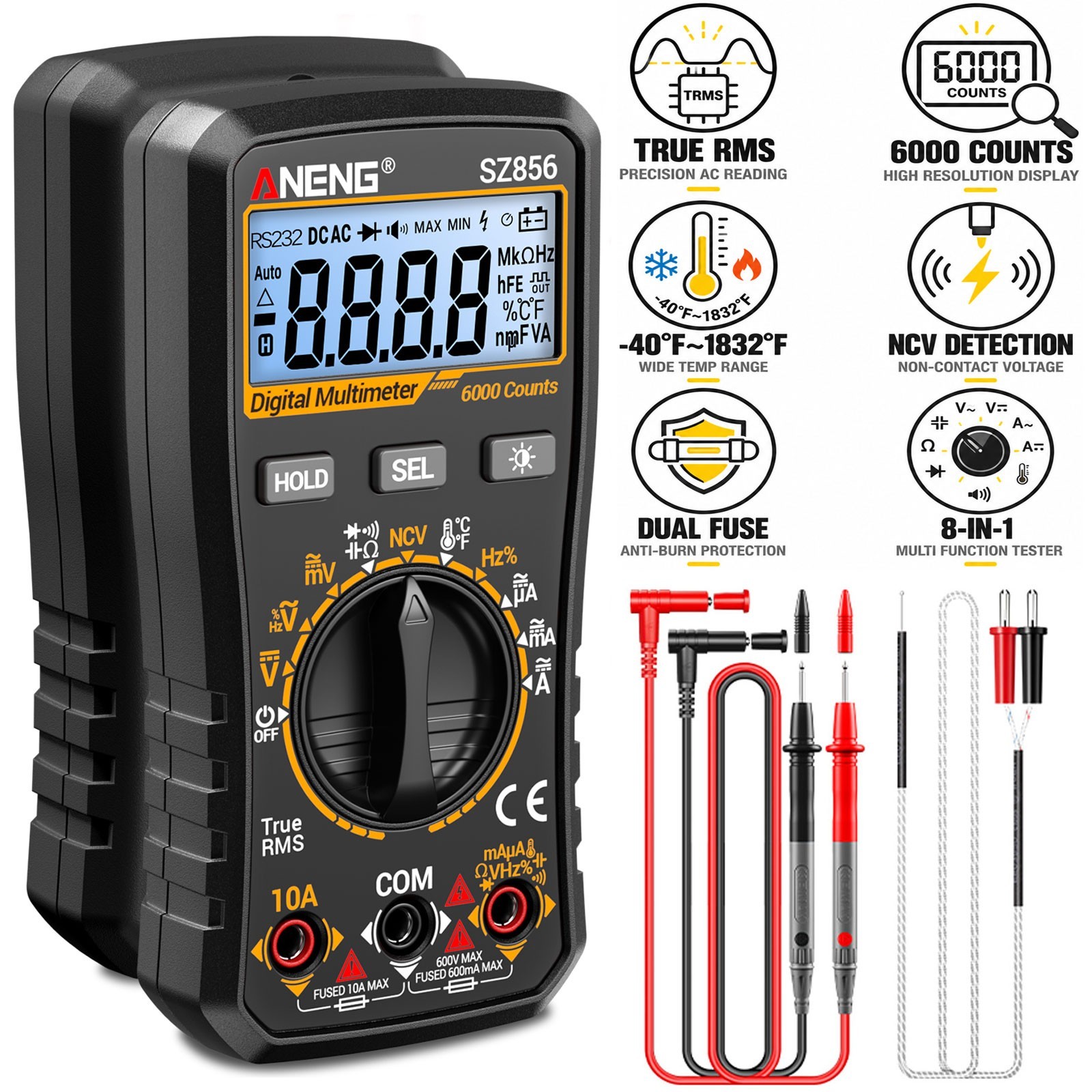 ANENG SZ856 True RMS Digital Multimeter 6000 Counts Auto Range AC/DC Tester US