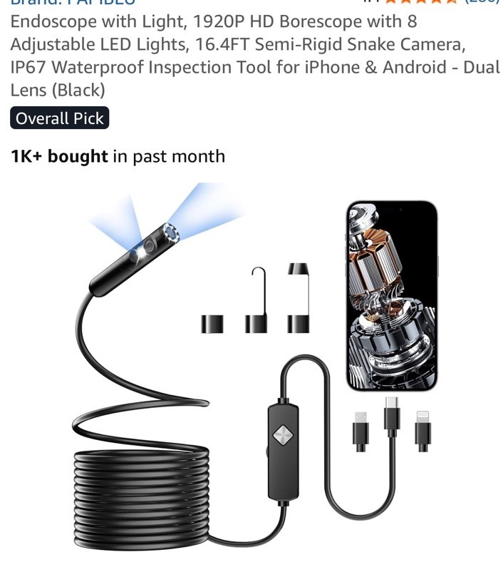Endoscope & Light, 1920P HD Borescope with 8 Adjustable LED Lights, 16.4FT…