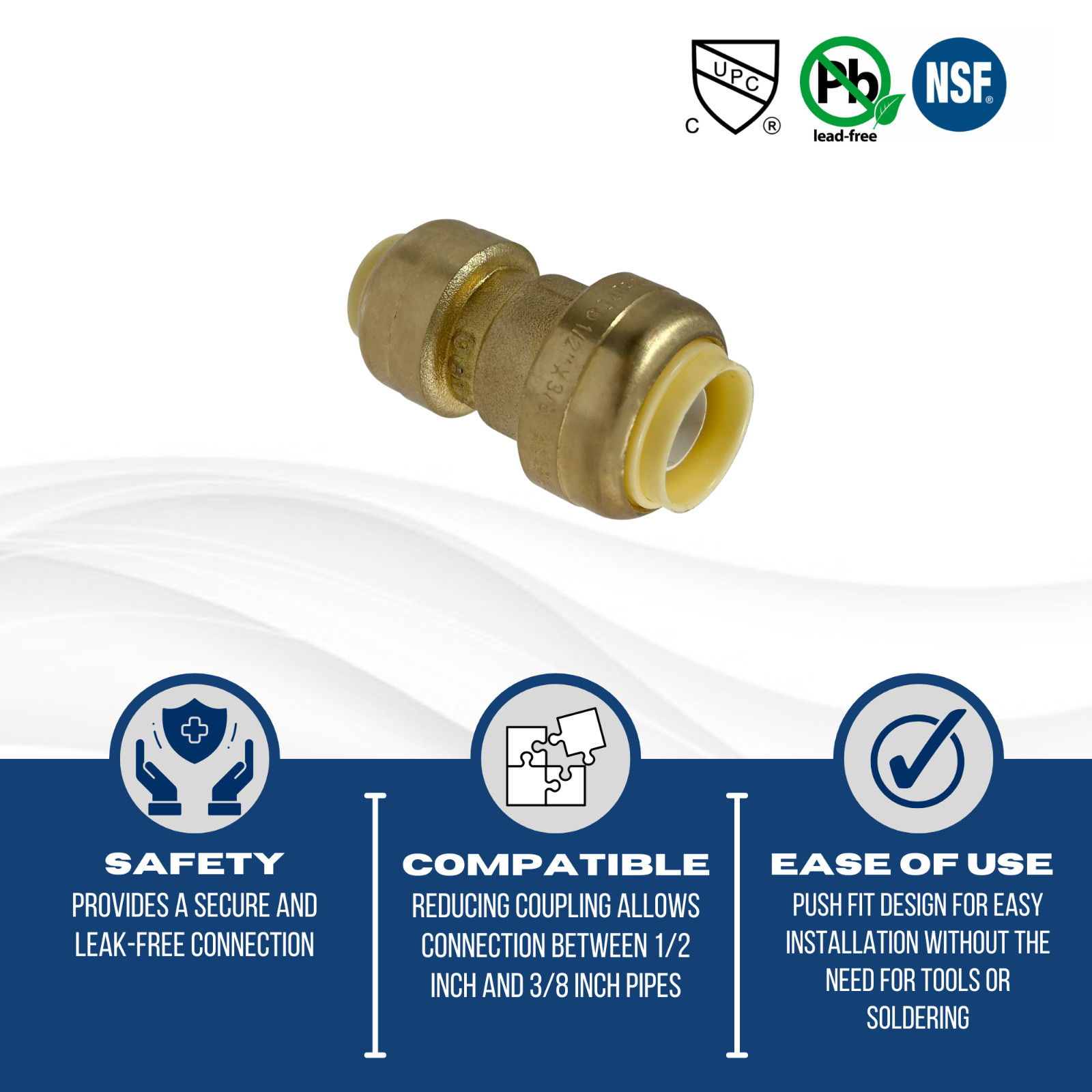 10 Pcs XFITTING 1/2″ x 3/8″ Push Fit Coupling, Push to Connect Reducing Coupling