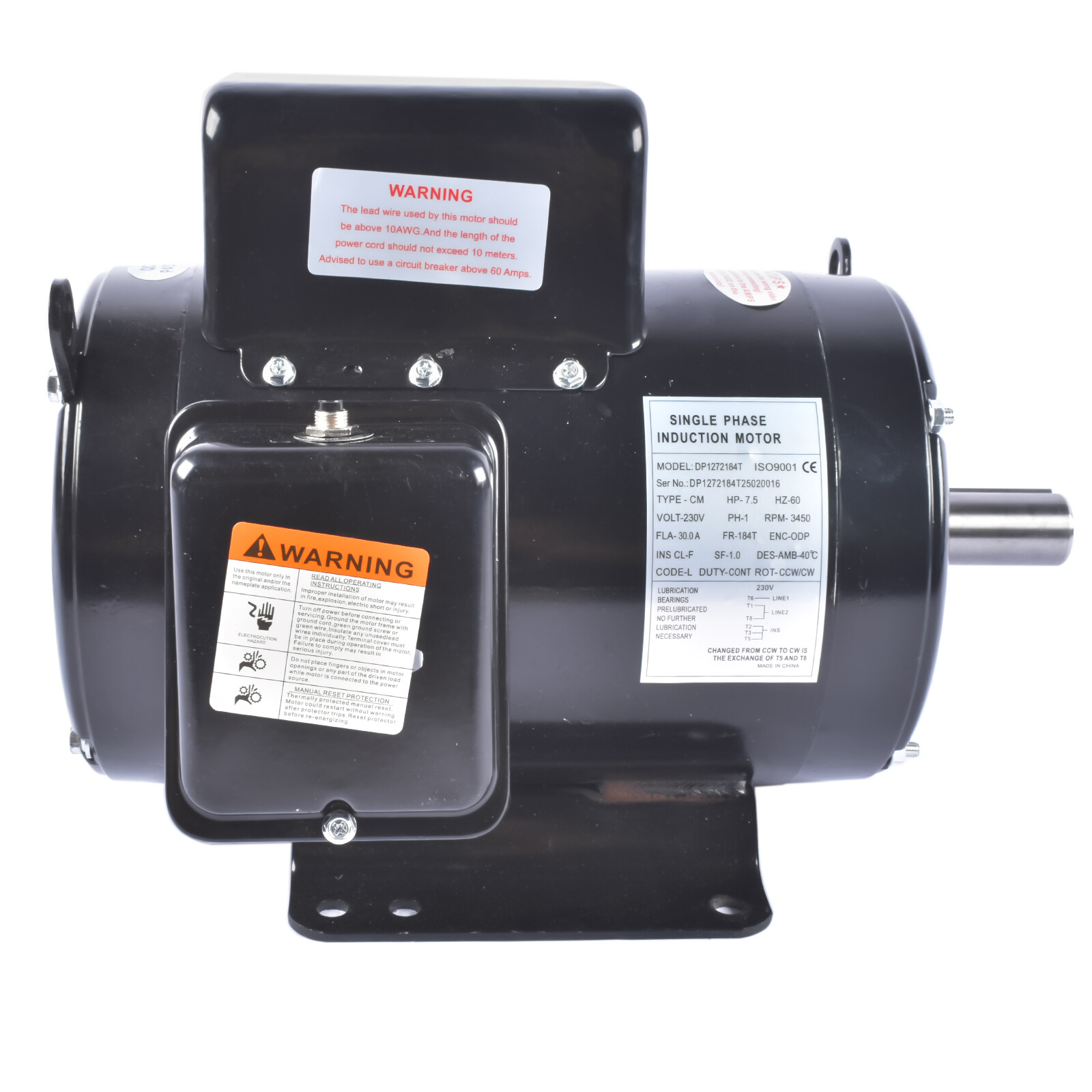 Electric Motor for Air Compressor 7.5HP 230V 31.6A 3450RPM 184T Frame CW/CCW