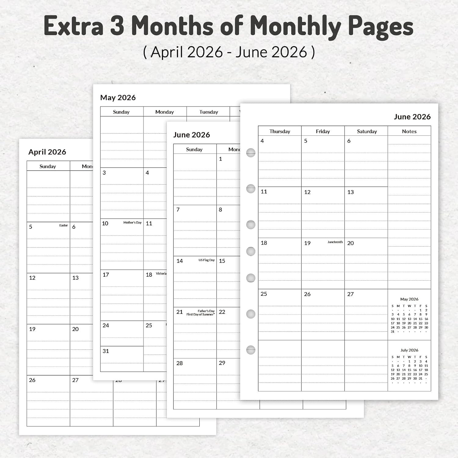 2026 Weekly & Monthly Planner Refills for A5 7-Ring Binders, July