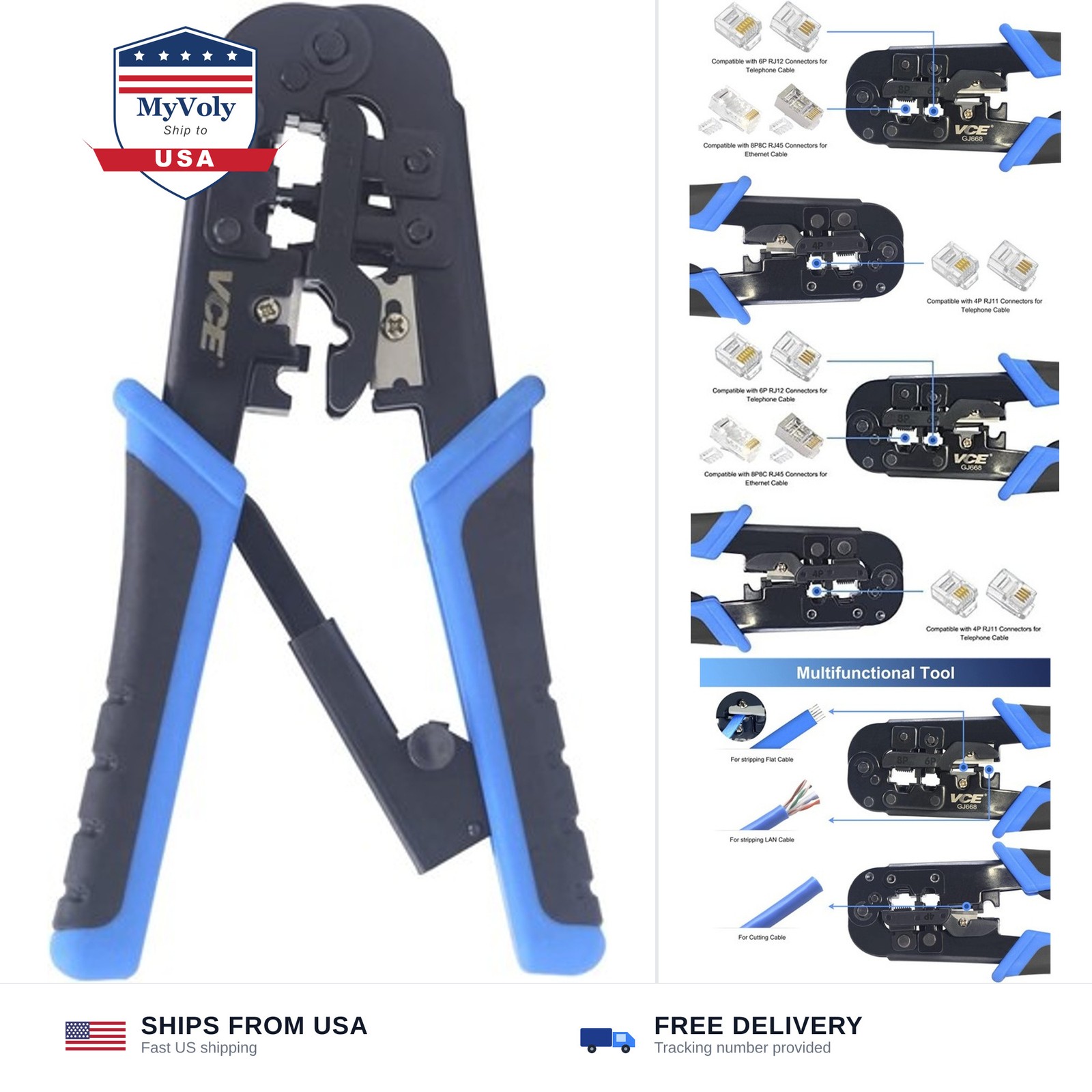 VCE RJ45 RJ11/RJ12 RJ22 Ethernet Crimp Tool Crimper Cutter Stripper All-in-on…