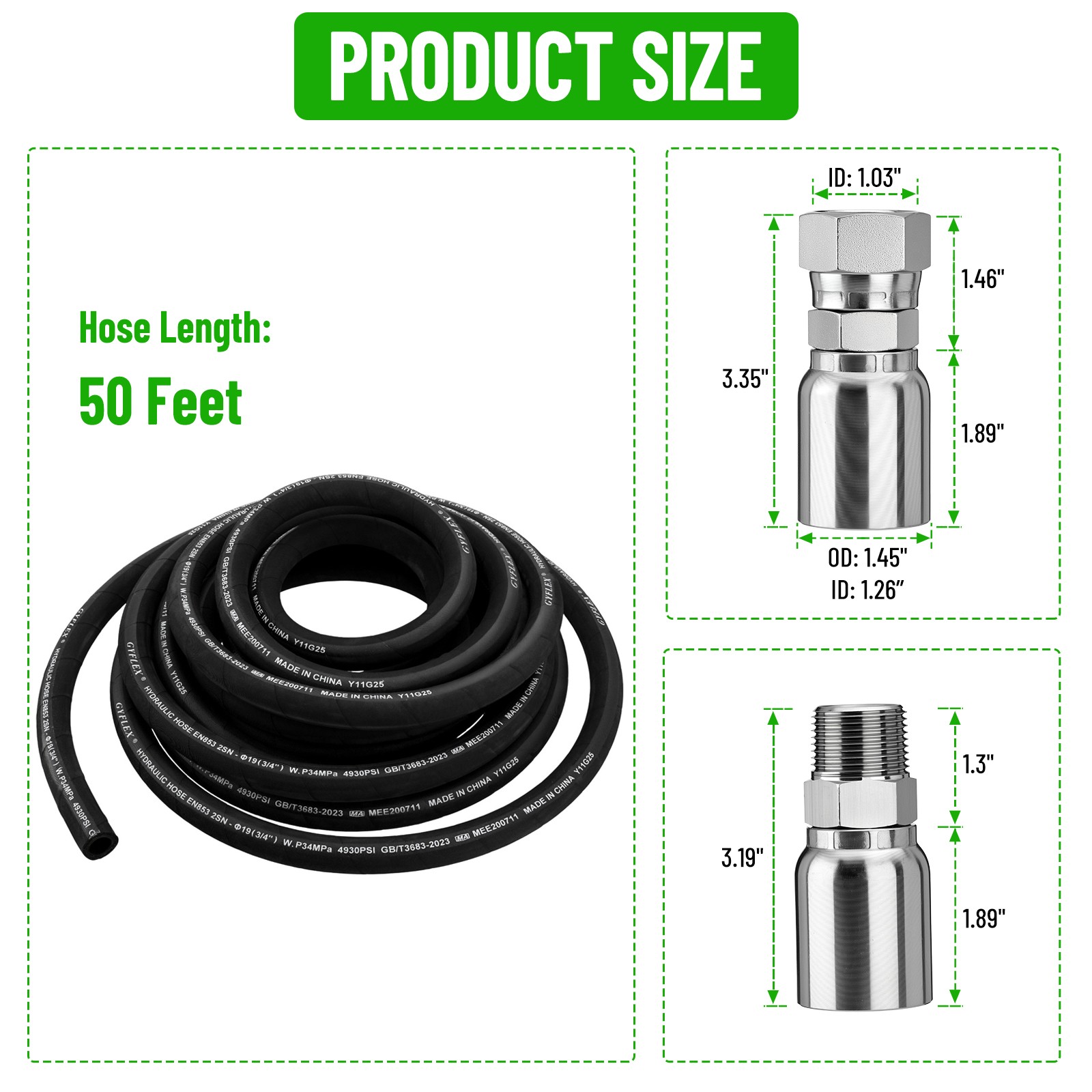 50FT 3/4″ Hydraulic Hose with 12PCS Hydraulic Hose Fittings W.P.34MPa / 4930PSI