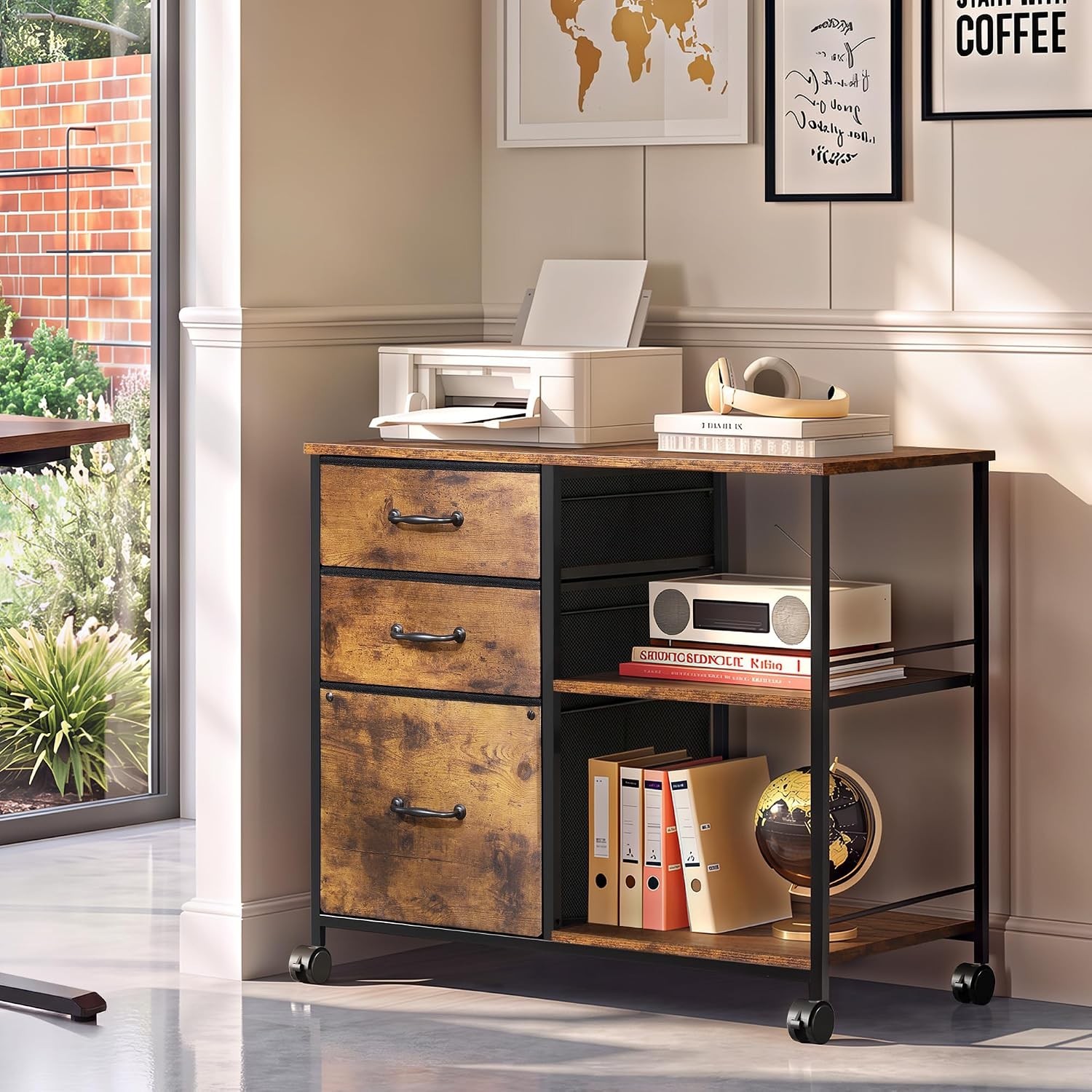 3 Drawer Mobile File Cabinet with Open Storage Shelf | Rolling Printer Stand,…