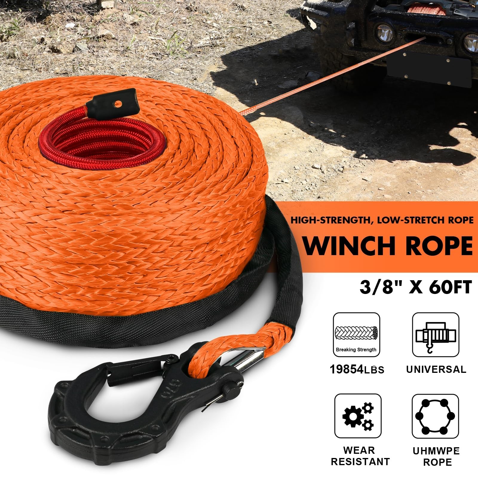 3/8″ x 60ft Synthetic Winch Rope 19,854lbs Dyneema Winch Cable Line with Hook…