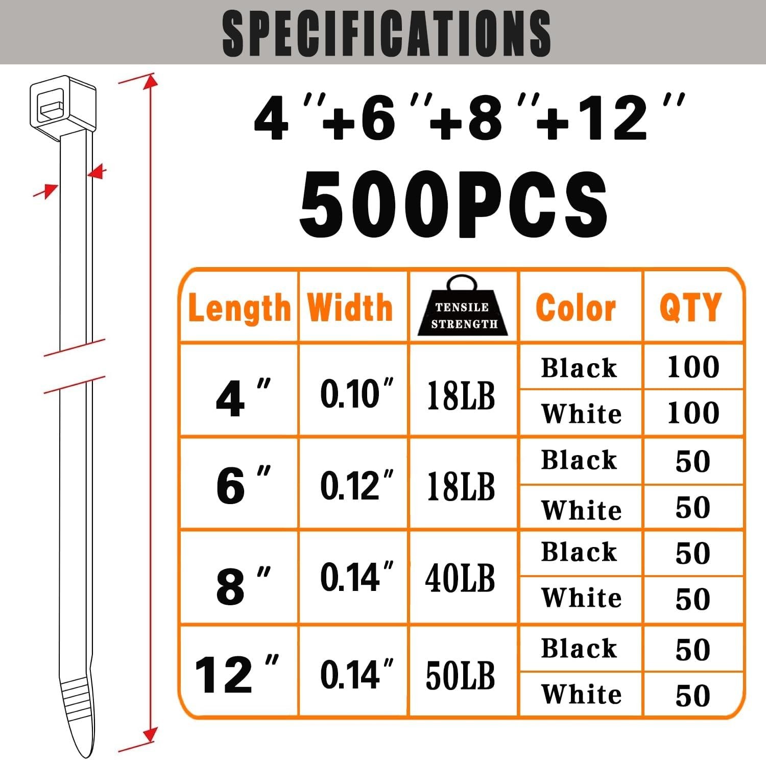 Cable Zip Ties,500 Pack Black and White Zip Ties Assorted Sizes 4/6/8/12 Inch
