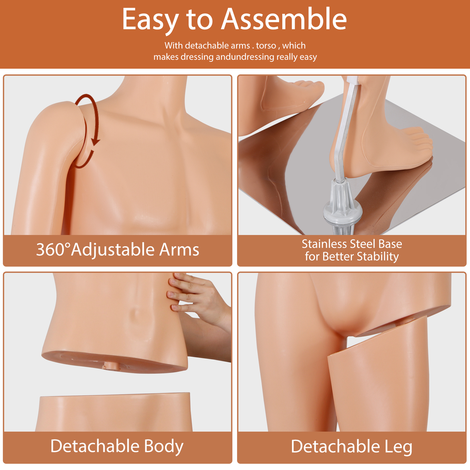 Adjustable Male Mannequin Egghead Plastic Full Body Dress Form Display Base 72″