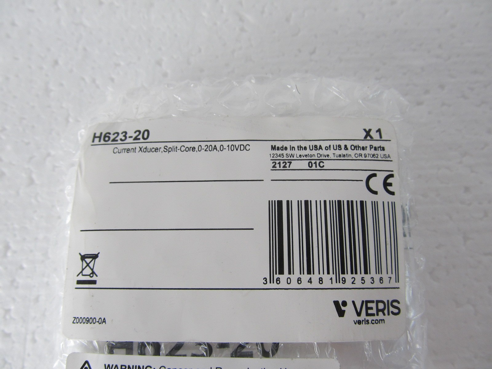 H623-20 Veris Analog Current Transducer, 0-20A Input, 0-10VDC Output, Split Core
