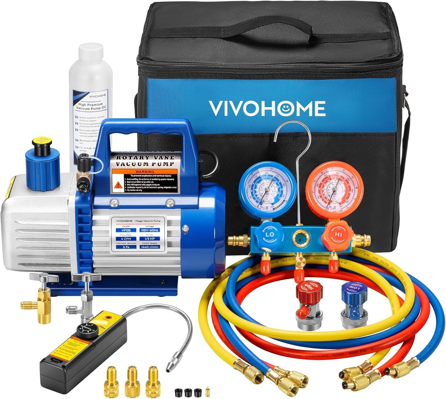 110V 1/3 HP 4CFM Single Stage Rotary Vane Air Vacuum Pump And R134a AC Manifold