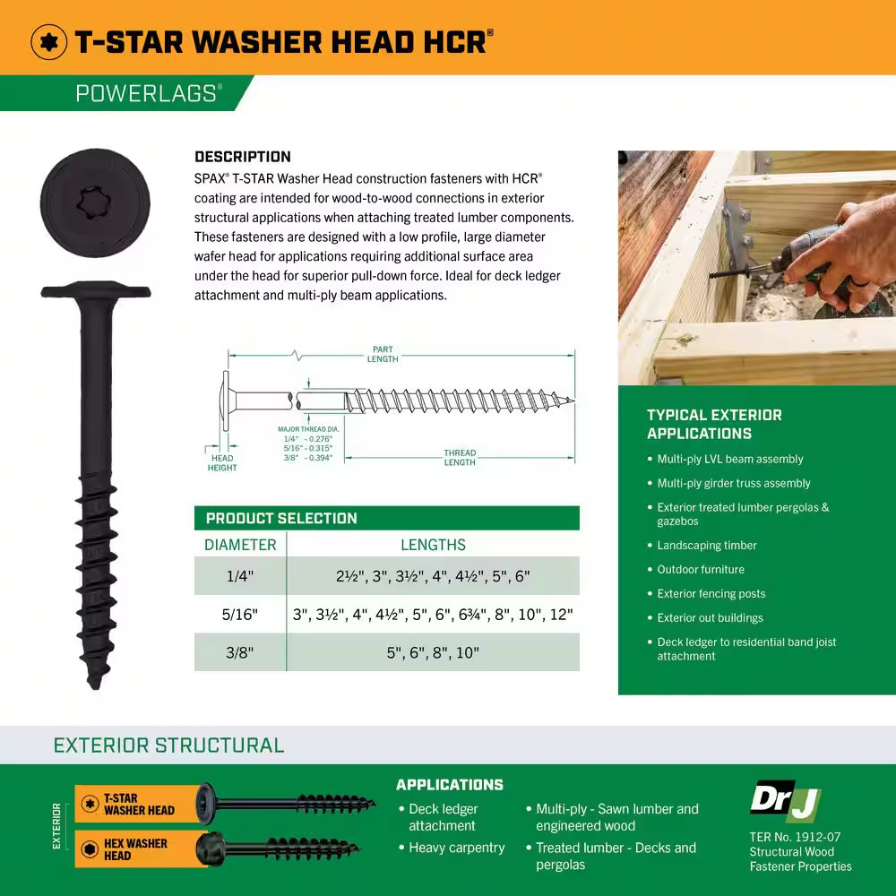 1/4 In. X 2-1/2 In. Exterior Washer Head Structural Wood Lag Screws Powerlags To