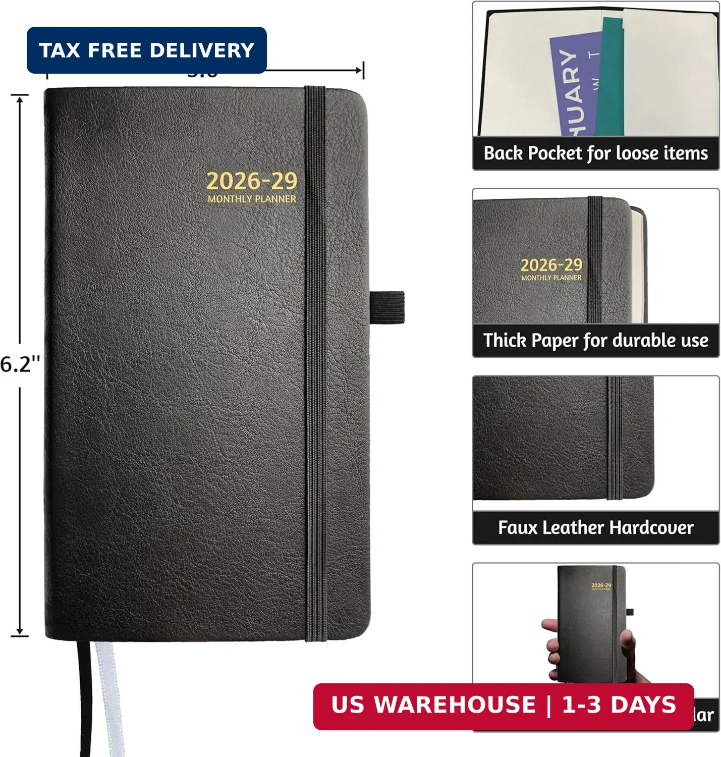 2026-2029 Pocket Monthly Planner, 3 Year Calendar 2026-2029, 6.2» x 3.6» x 0.6