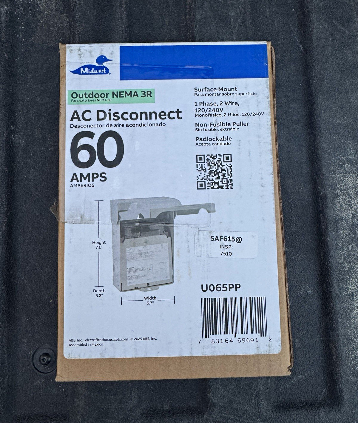 Midwest NEMA 3R AC Disconnect Switch Non-Fusible 60A 201-250V Padlock U065PP