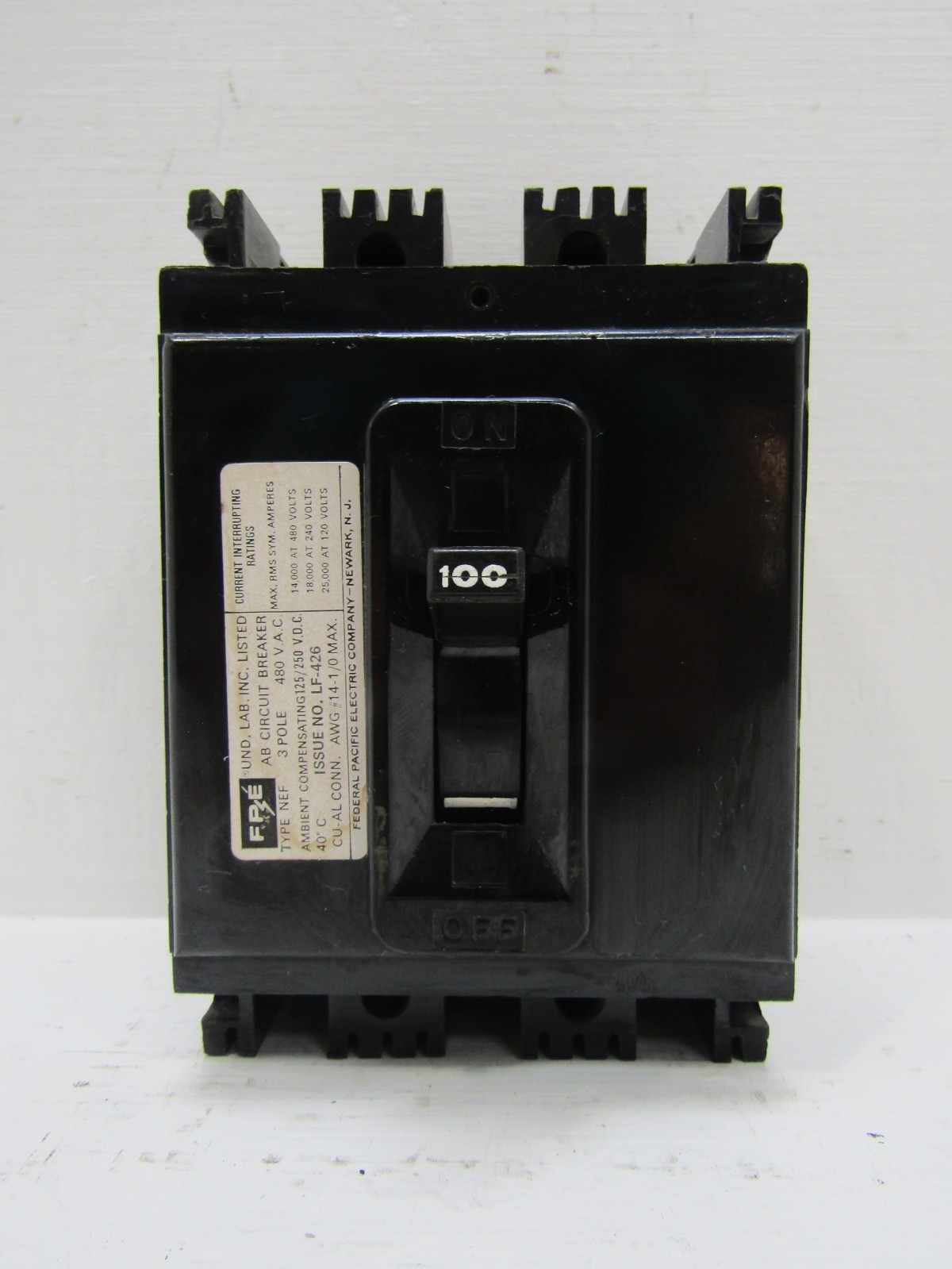 FPE Federal Pacific NEF433100 100 Amp 480V 3-Pole NEF AB Circuit Breaker 100A 3P