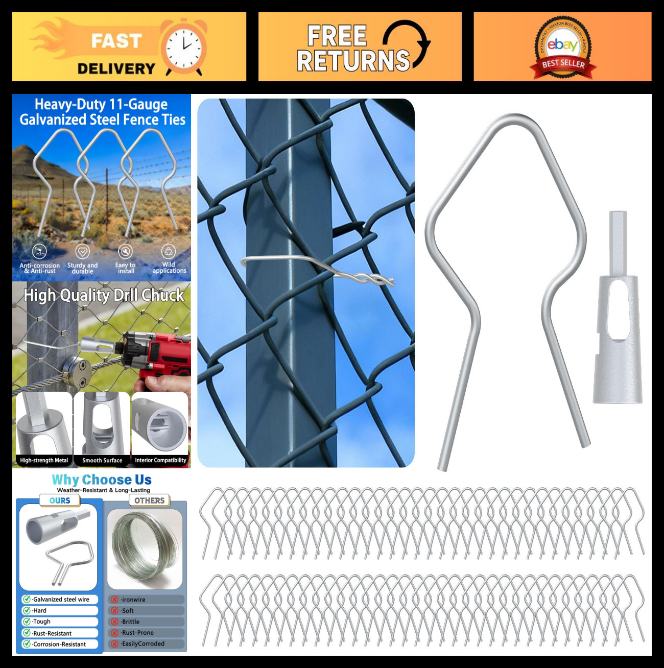 200 Heavy-Duty T-Post Fence Clips + Free Drill Chuck Tool, 11-Gauge Galvanized S