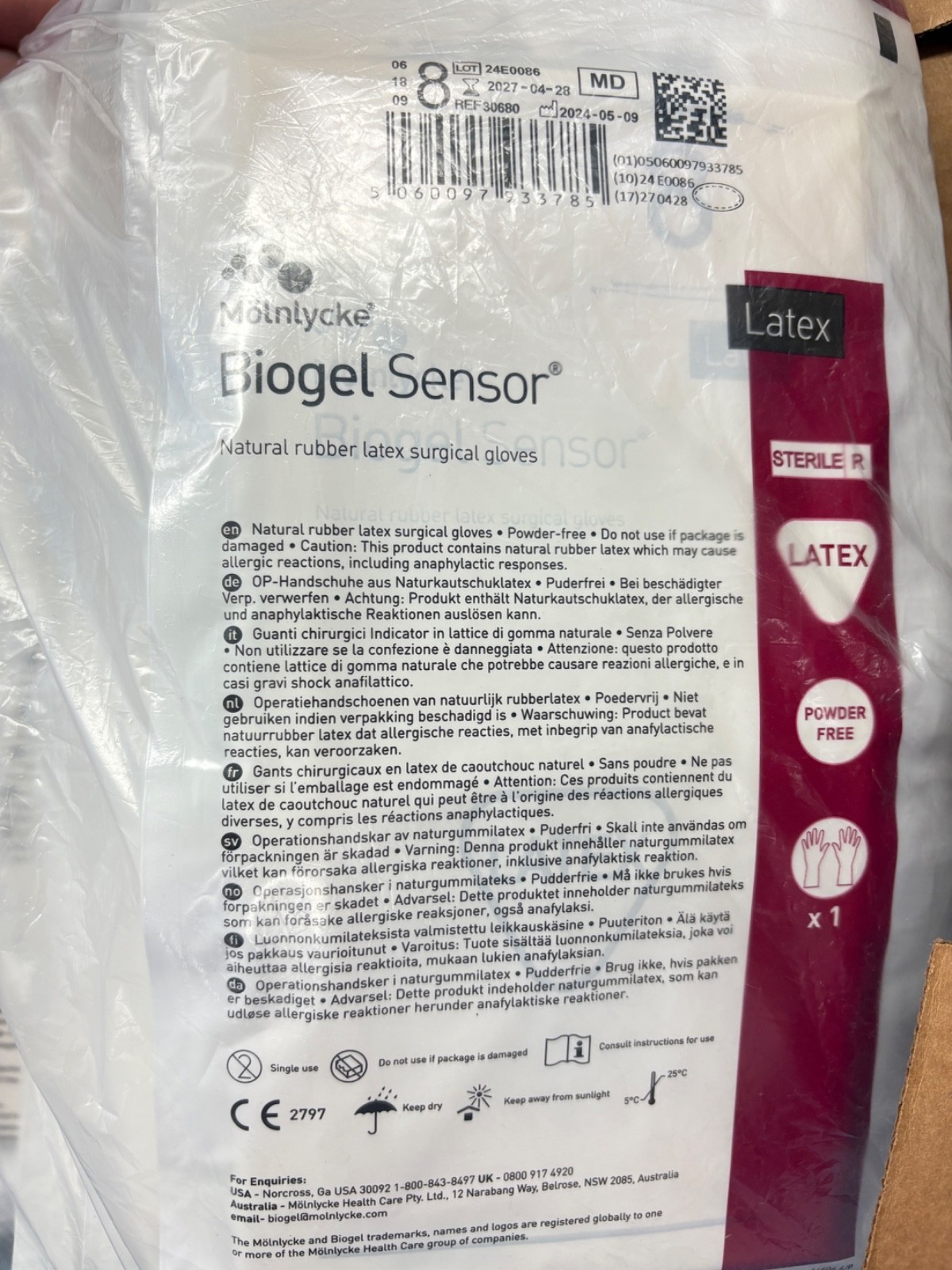 30680 Biogel Sensor Latex Surgical Gloves SIZE 8 (2027/04/28) Lot of 38 Pairs